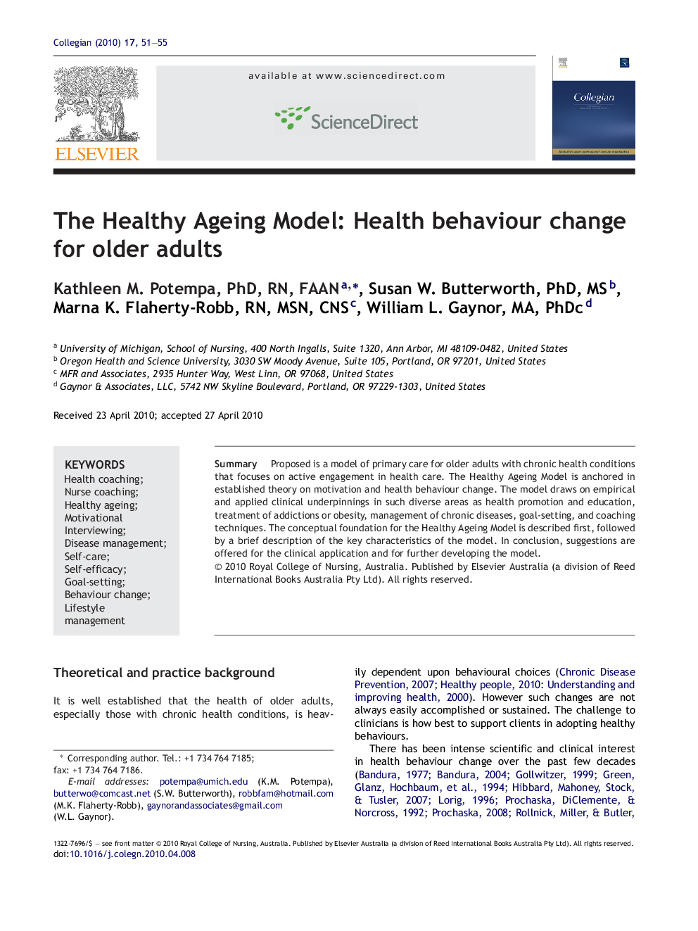 The Healthy Ageing Model: Health behaviour change for older adults