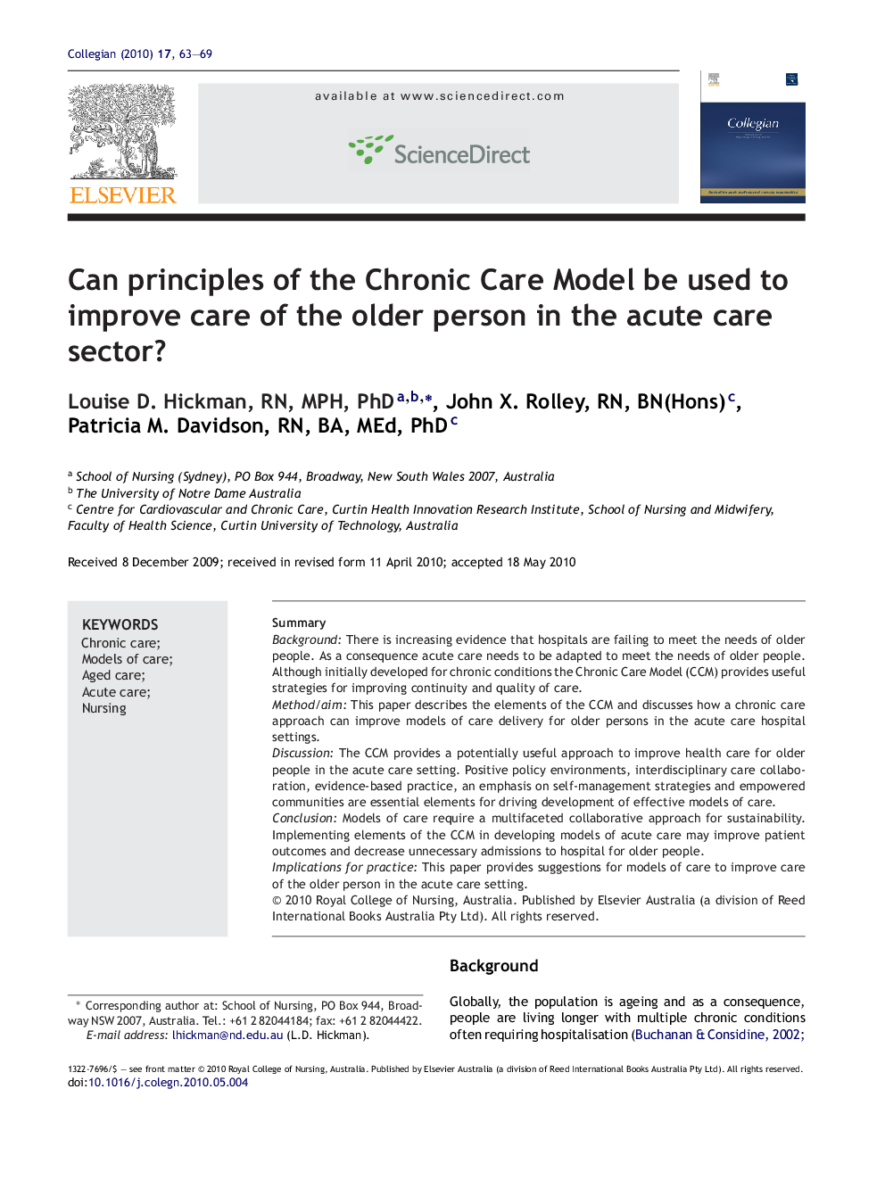 Can principles of the Chronic Care Model be used to improve care of the older person in the acute care sector?