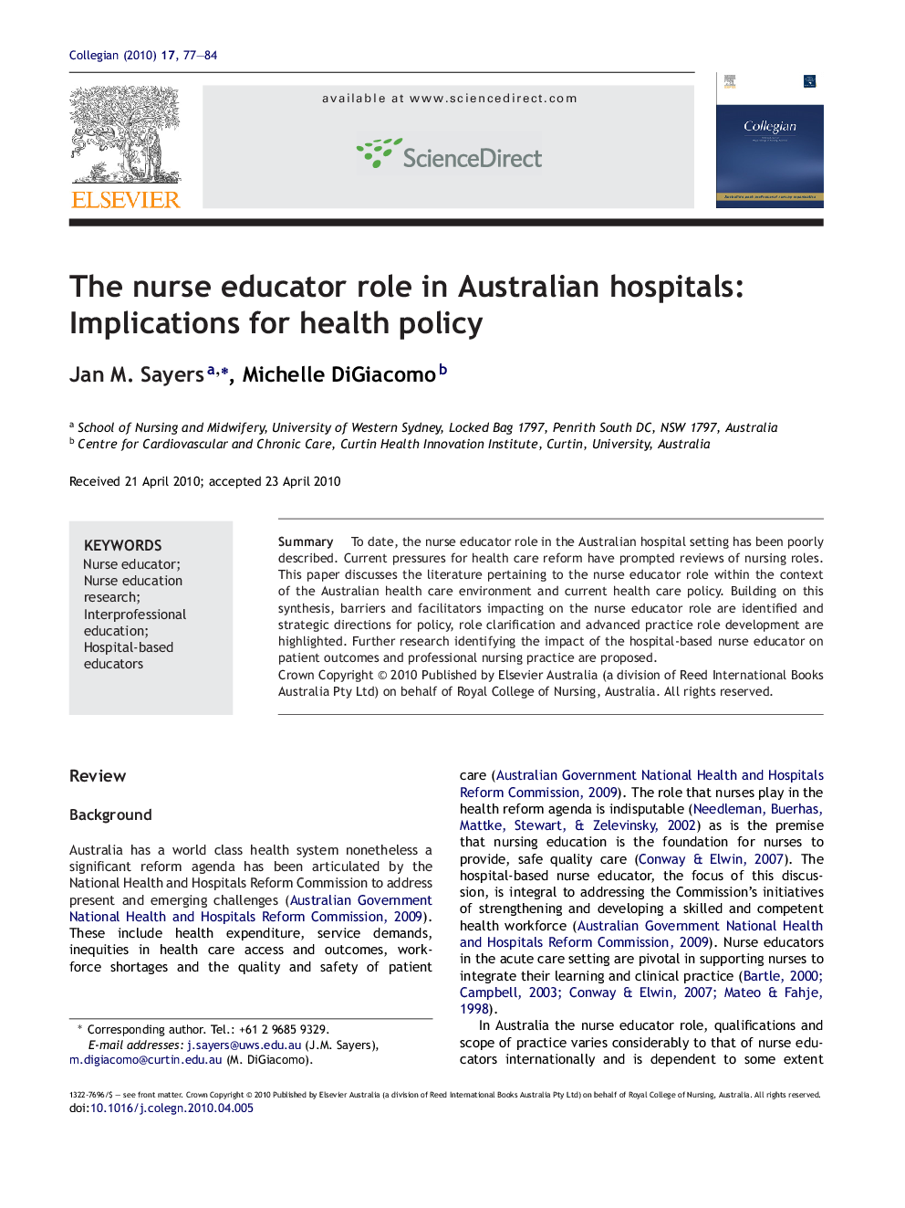 The nurse educator role in Australian hospitals: Implications for health policy
