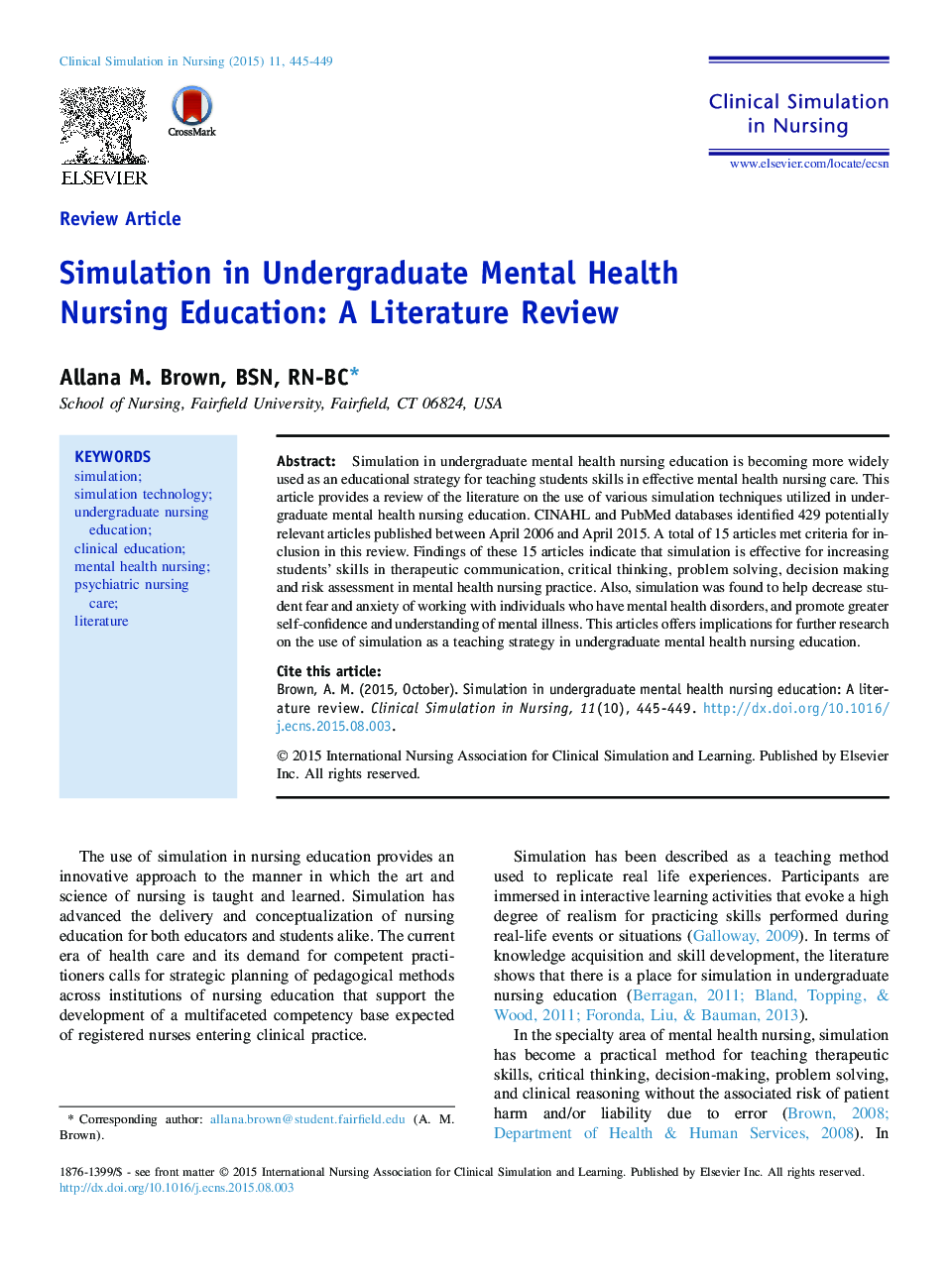 Simulation in Undergraduate Mental Health Nursing Education: A Literature Review