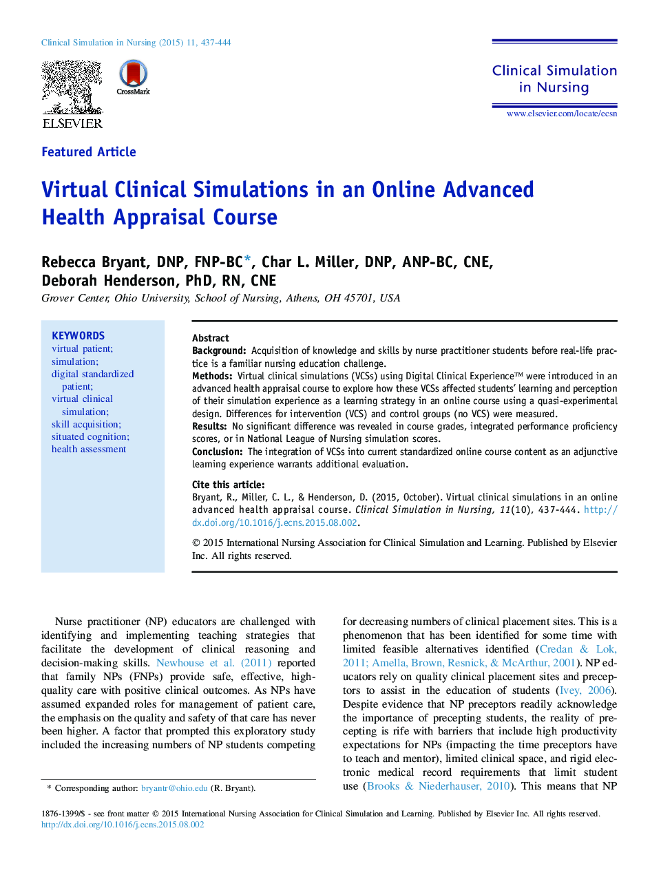 Virtual Clinical Simulations in an Online Advanced Health Appraisal Course