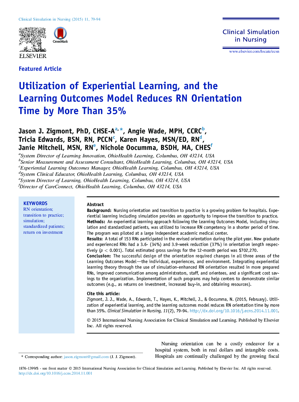 Utilization of Experiential Learning, and the Learning Outcomes Model Reduces RN Orientation Time by More Than 35%