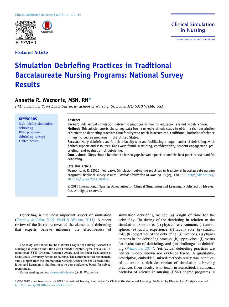 Simulation Debriefing Practices in Traditional Baccalaureate Nursing Programs: National Survey Results 