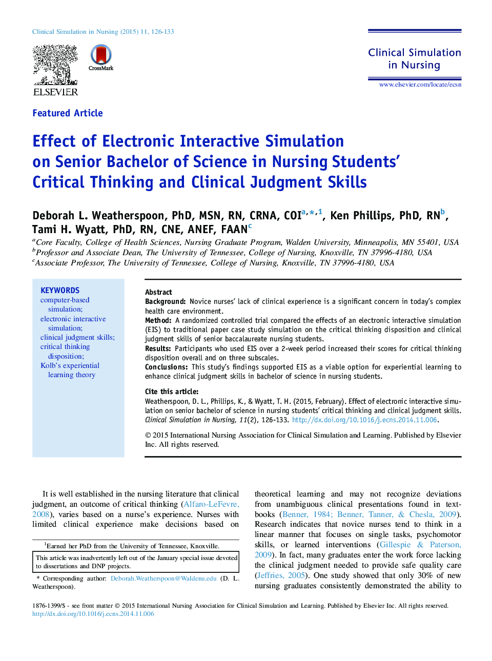Effect of Electronic Interactive Simulation on Senior Bachelor of Science in Nursing Students' Critical Thinking and Clinical Judgment Skills 