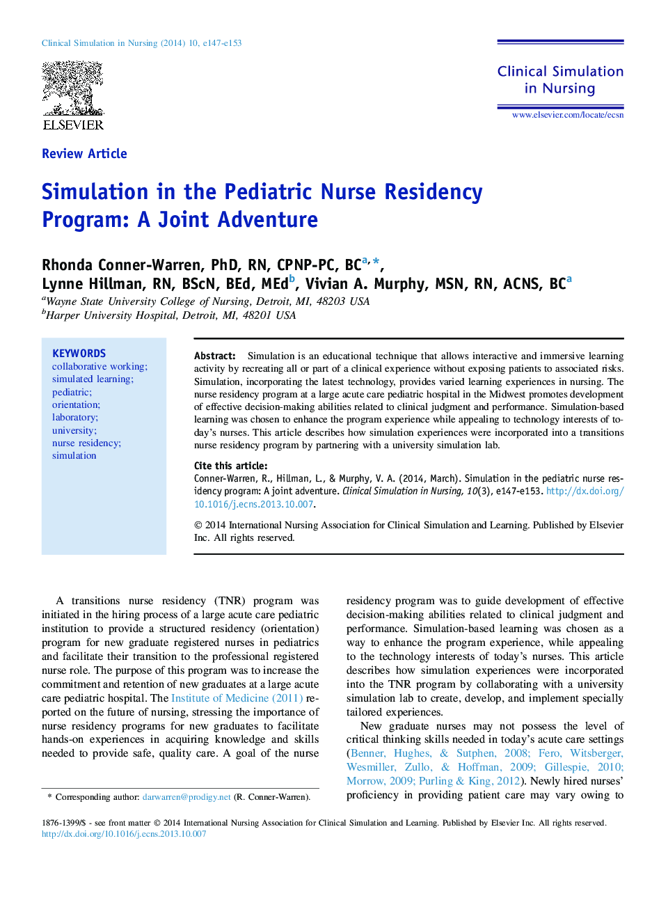 Simulation in the Pediatric Nurse Residency Program: A Joint Adventure