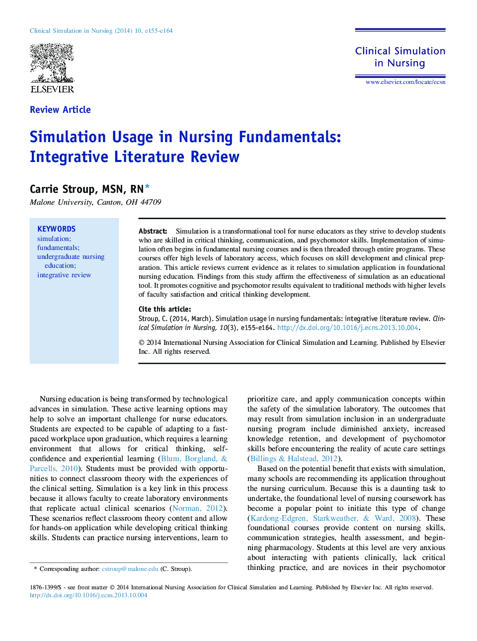 Simulation Usage in Nursing Fundamentals: Integrative Literature Review