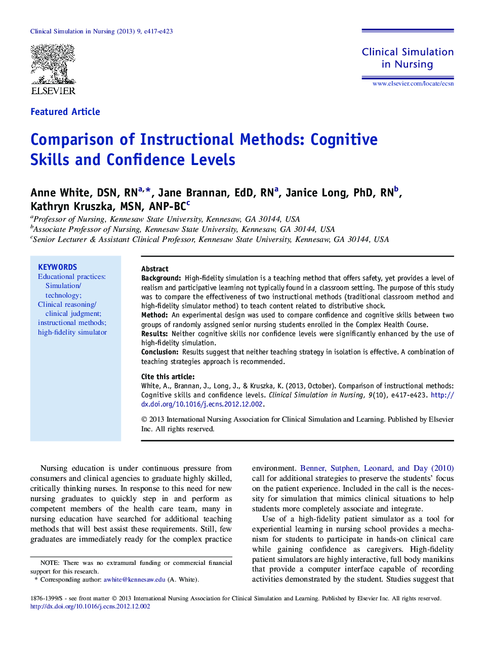Comparison of Instructional Methods: Cognitive Skills and Confidence Levels 