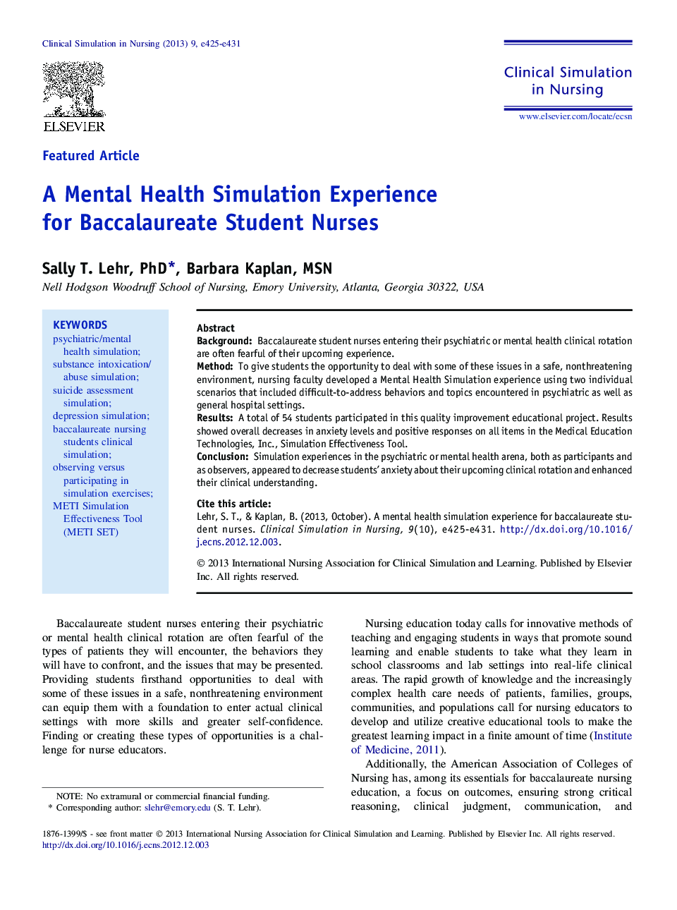 A Mental Health Simulation Experience for Baccalaureate Student Nurses 