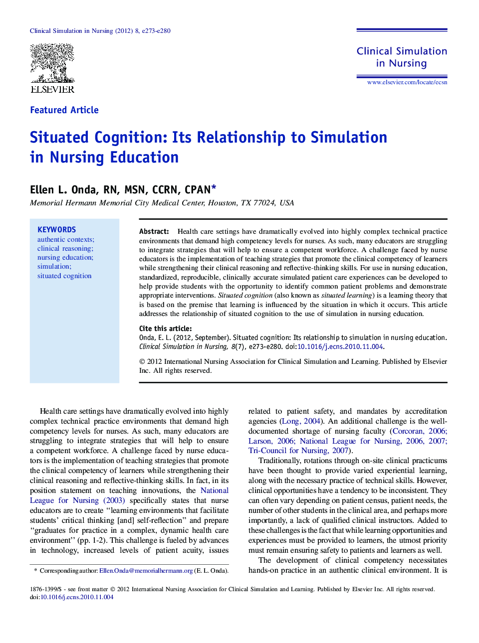 Situated Cognition: Its Relationship to Simulation in Nursing Education