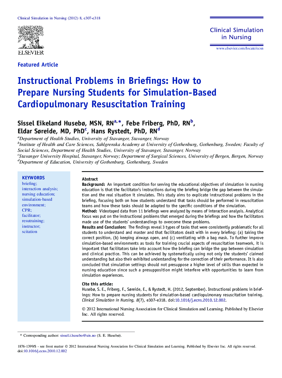 Instructional Problems in Briefings: How to Prepare Nursing Students for Simulation-Based Cardiopulmonary Resuscitation Training