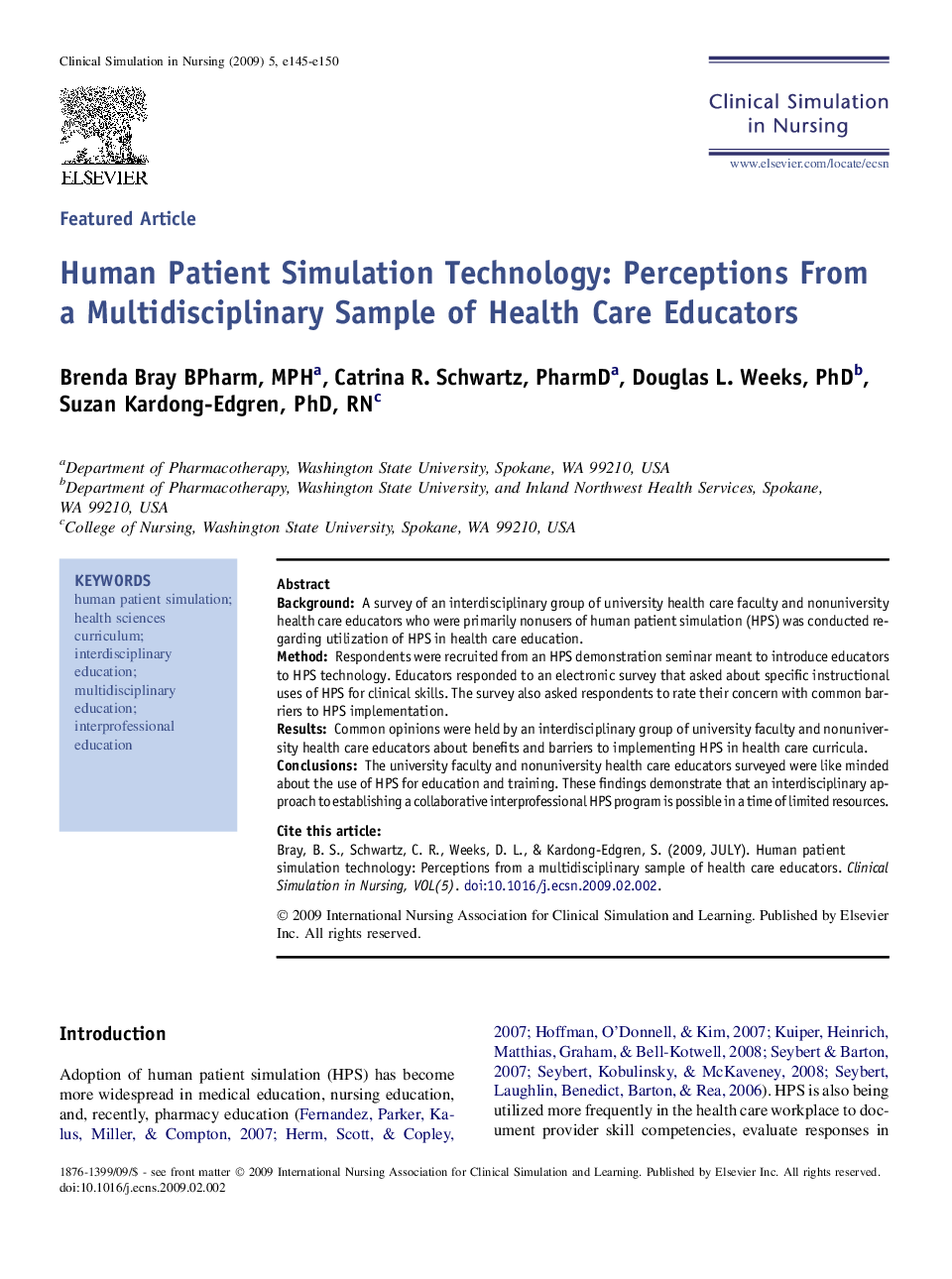 Human Patient Simulation Technology: Perceptions From a Multidisciplinary Sample of Health Care Educators 