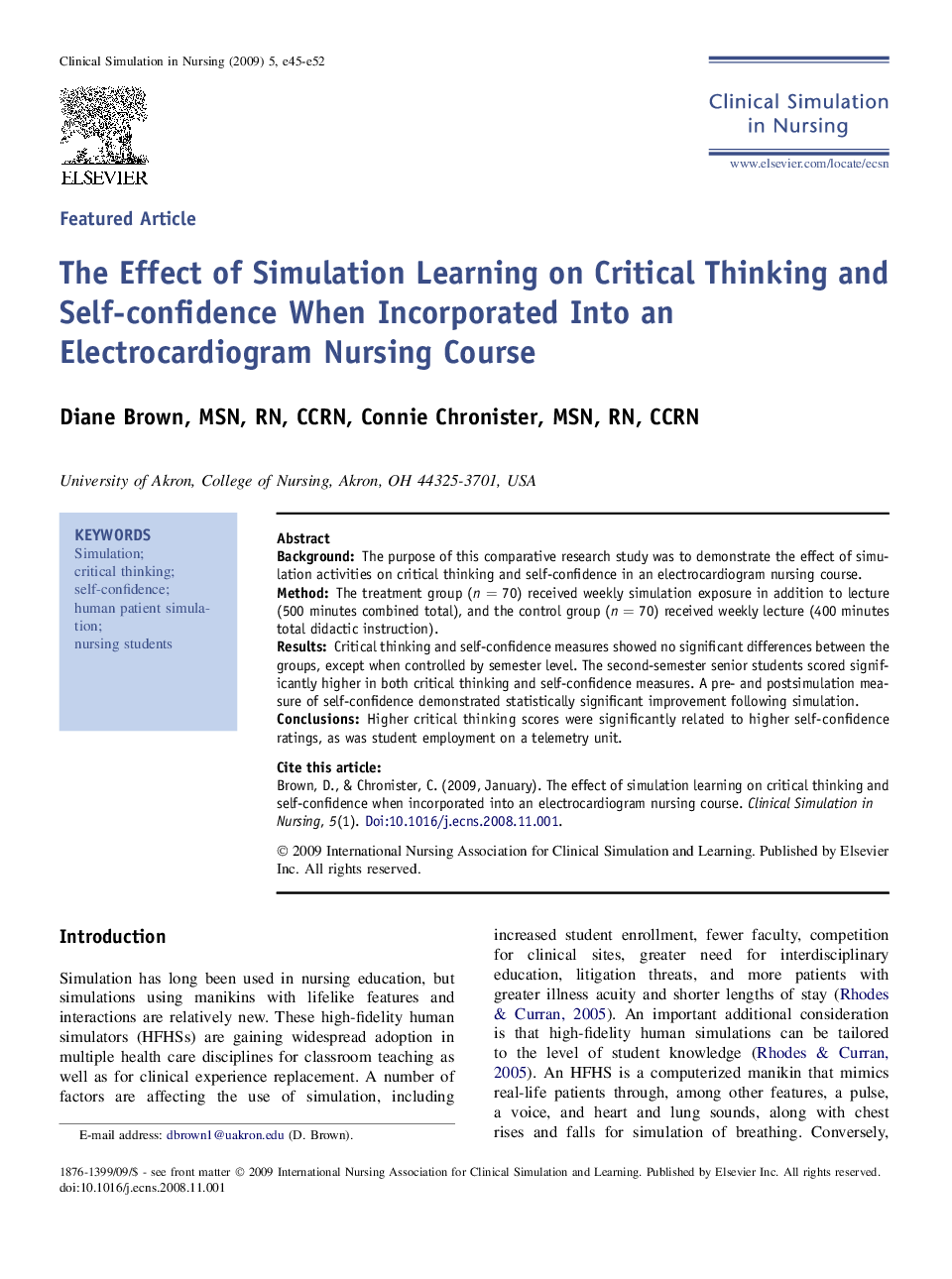 The Effect of Simulation Learning on Critical Thinking and Self-confidence When Incorporated Into an Electrocardiogram Nursing Course 