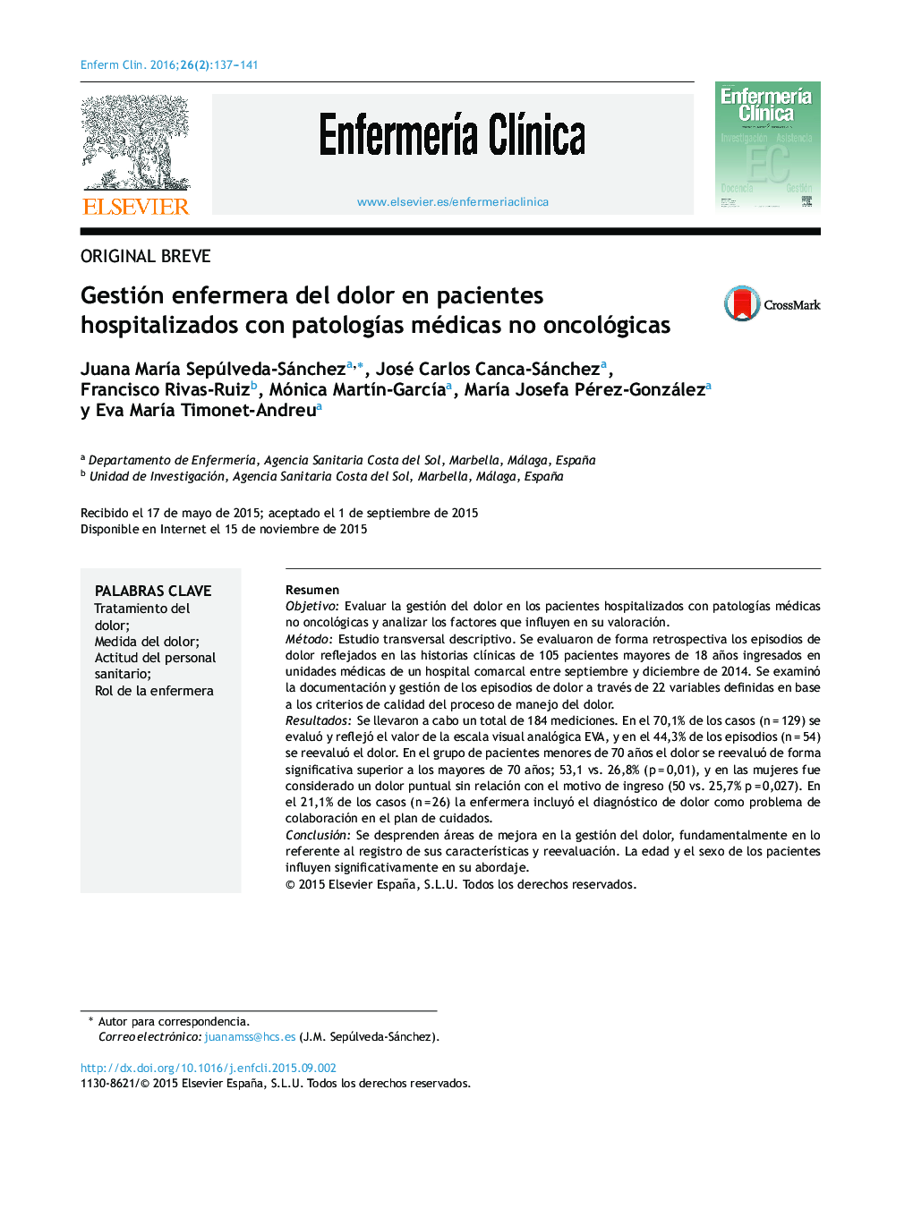 Gestión enfermera del dolor en pacientes hospitalizados con patologías médicas no oncológicas
