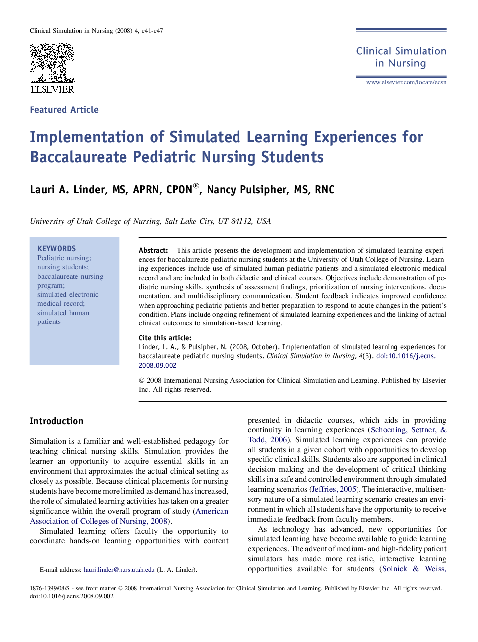 Implementation of Simulated Learning Experiences for Baccalaureate Pediatric Nursing Students 