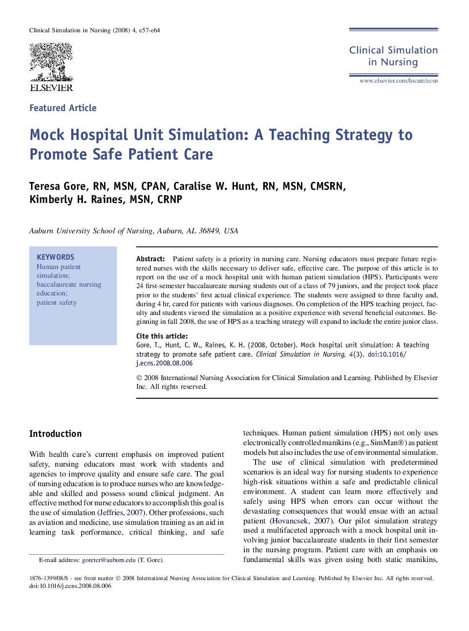 Mock Hospital Unit Simulation: A Teaching Strategy to Promote Safe Patient Care 