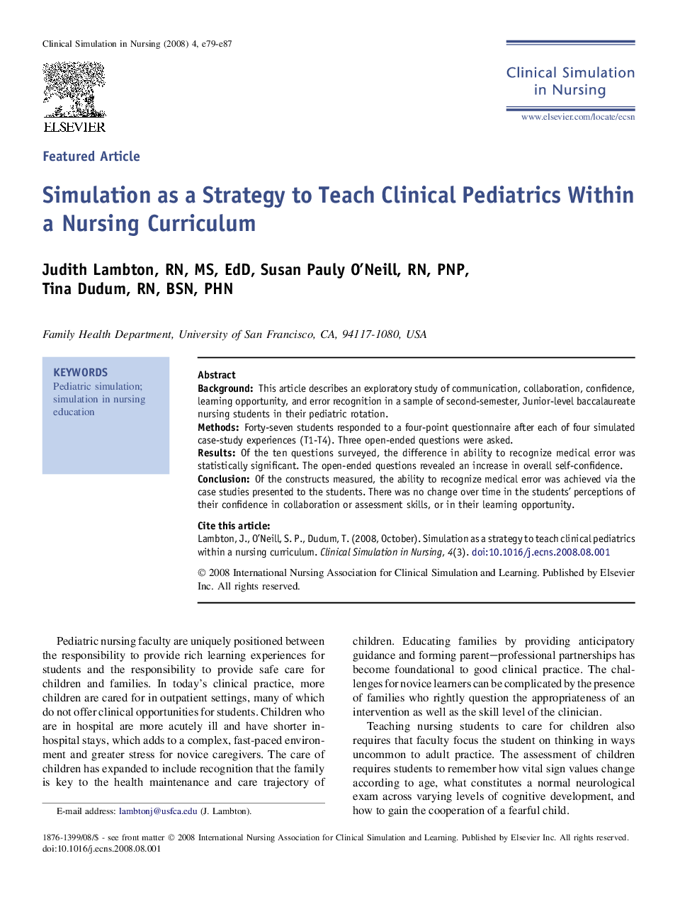 Simulation as a Strategy to Teach Clinical Pediatrics Within a Nursing Curriculum 
