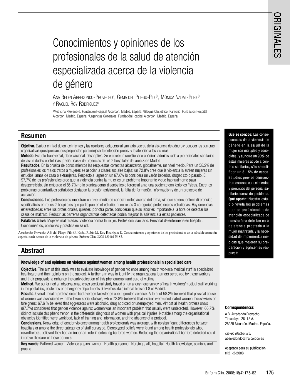 Conocimientos y opiniones de los profesionales de la salud de atención especializada acerca de la violencia de género