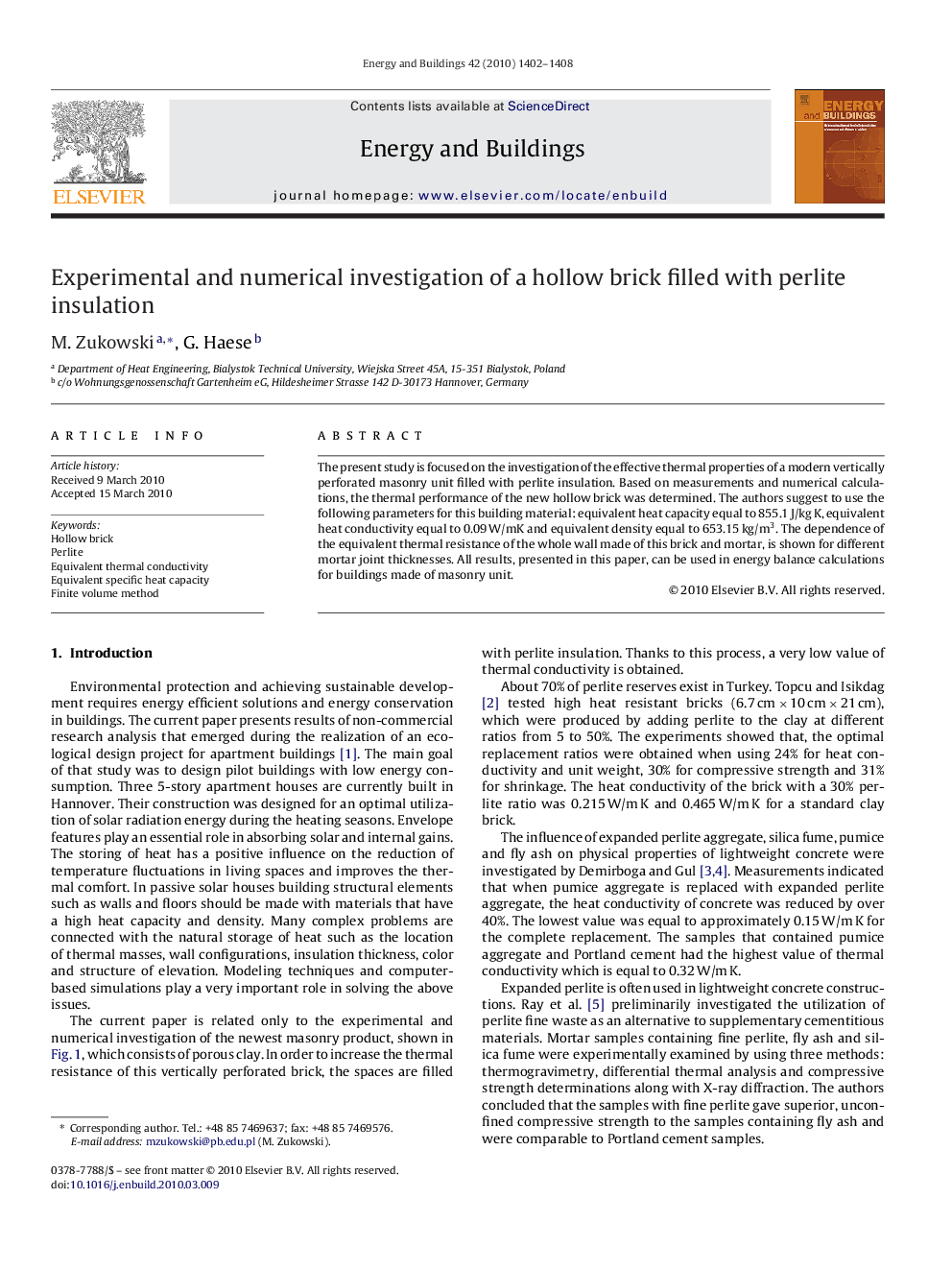 Experimental and numerical investigation of a hollow brick filled with perlite insulation