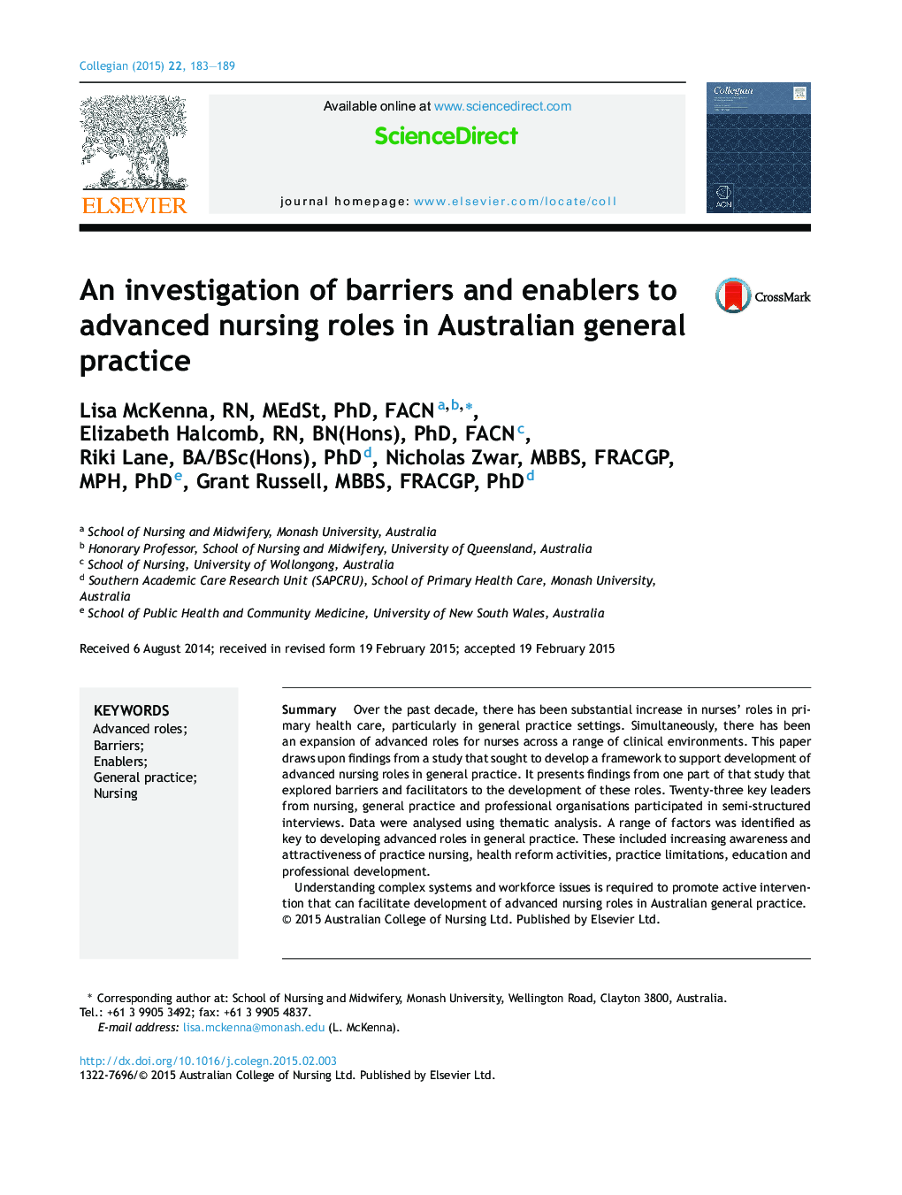 An investigation of barriers and enablers to advanced nursing roles in Australian general practice