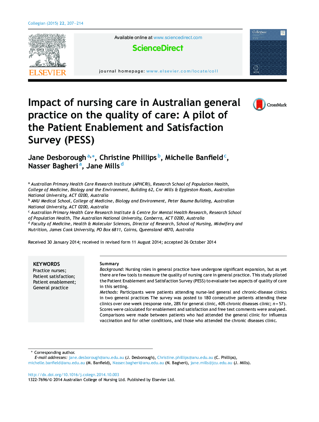 Impact of nursing care in Australian general practice on the quality of care: A pilot of the Patient Enablement and Satisfaction Survey (PESS)