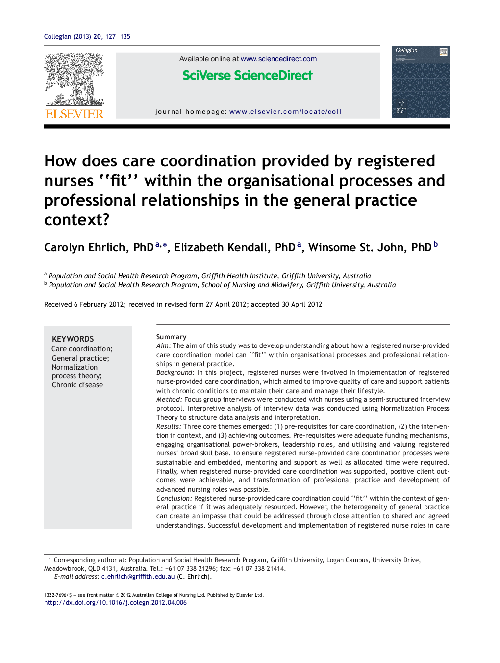 How does care coordination provided by registered nurses “fit” within the organisational processes and professional relationships in the general practice context?