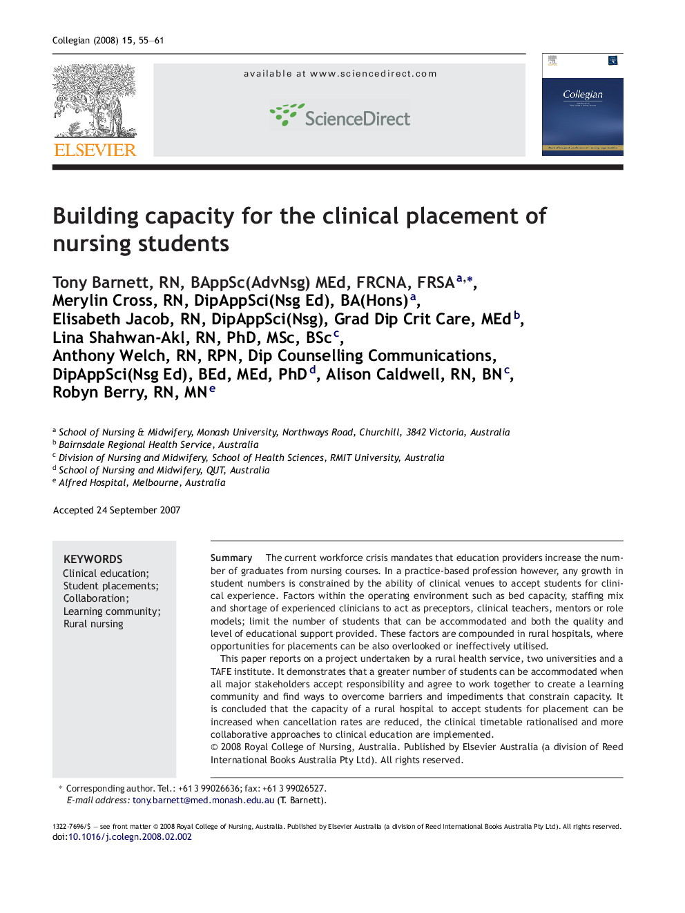 Building capacity for the clinical placement of nursing students