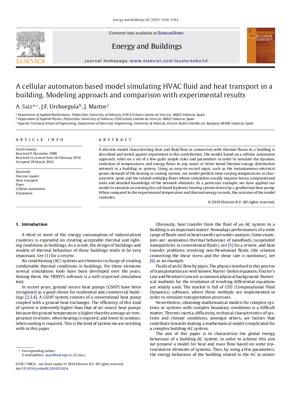 A cellular automaton based model simulating HVAC fluid and heat transport in a building. Modeling approach and comparison with experimental results