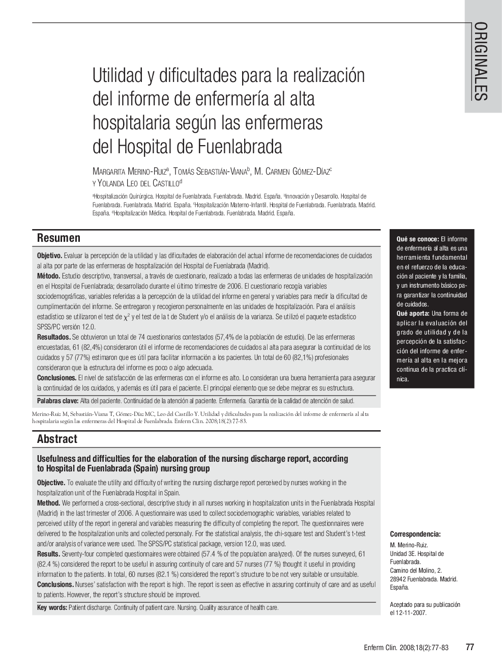 Utilidad y dificultades para la realización del informe de enfermería al alta hospitalaria según las enfermeras del Hospital de Fuenlabrada