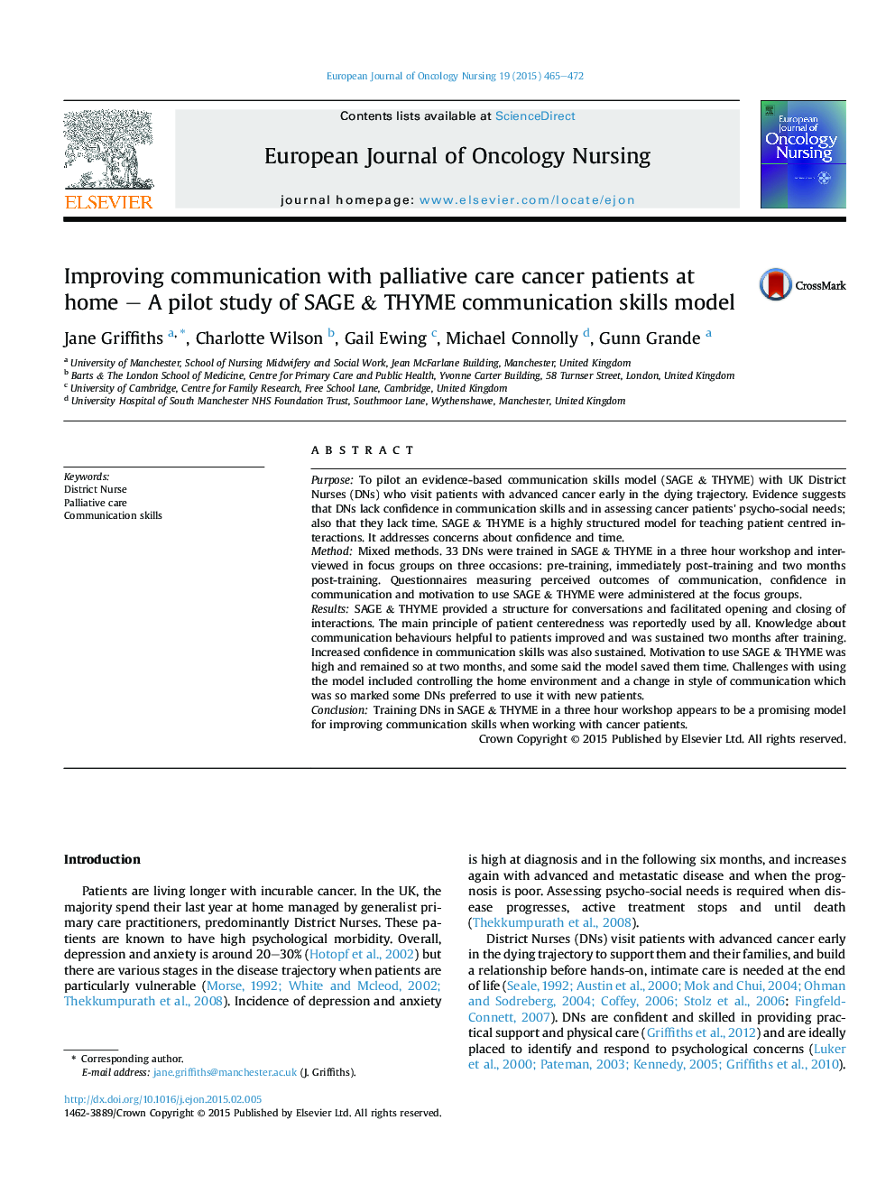 Improving communication with palliative care cancer patients at home – A pilot study of SAGE & THYME communication skills model