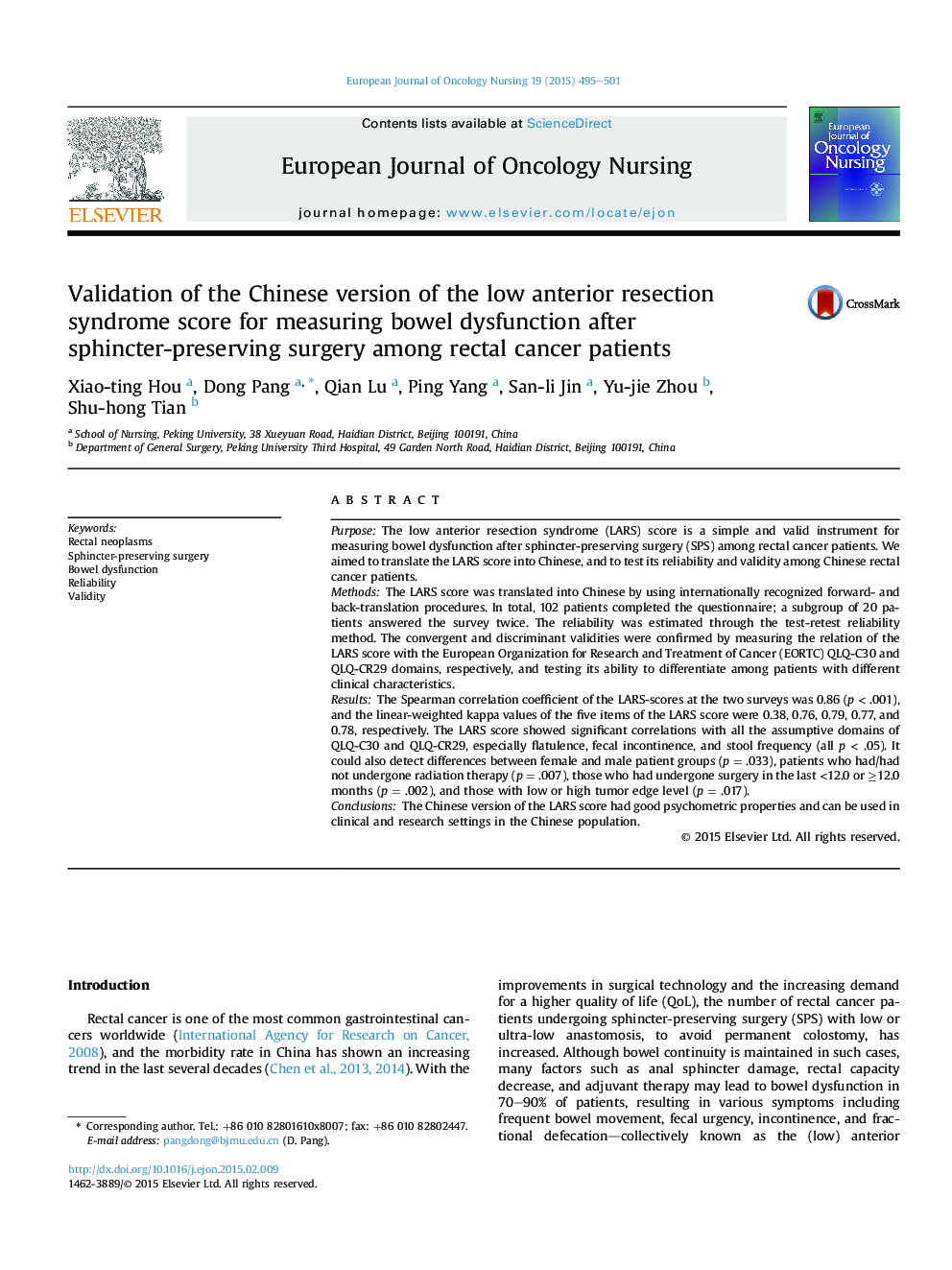 Validation of the Chinese version of the low anterior resection syndrome score for measuring bowel dysfunction after sphincter-preserving surgery among rectal cancer patients