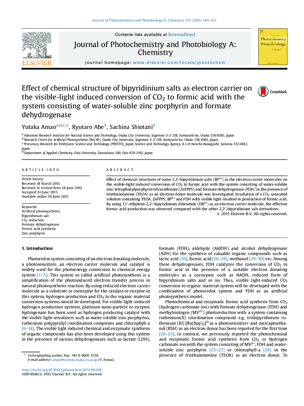 Effect of chemical structure of bipyridinium salts as electron carrier on the visible-light induced conversion of CO2 to formic acid with the system consisting of water-soluble zinc porphyrin and formate dehydrogenase