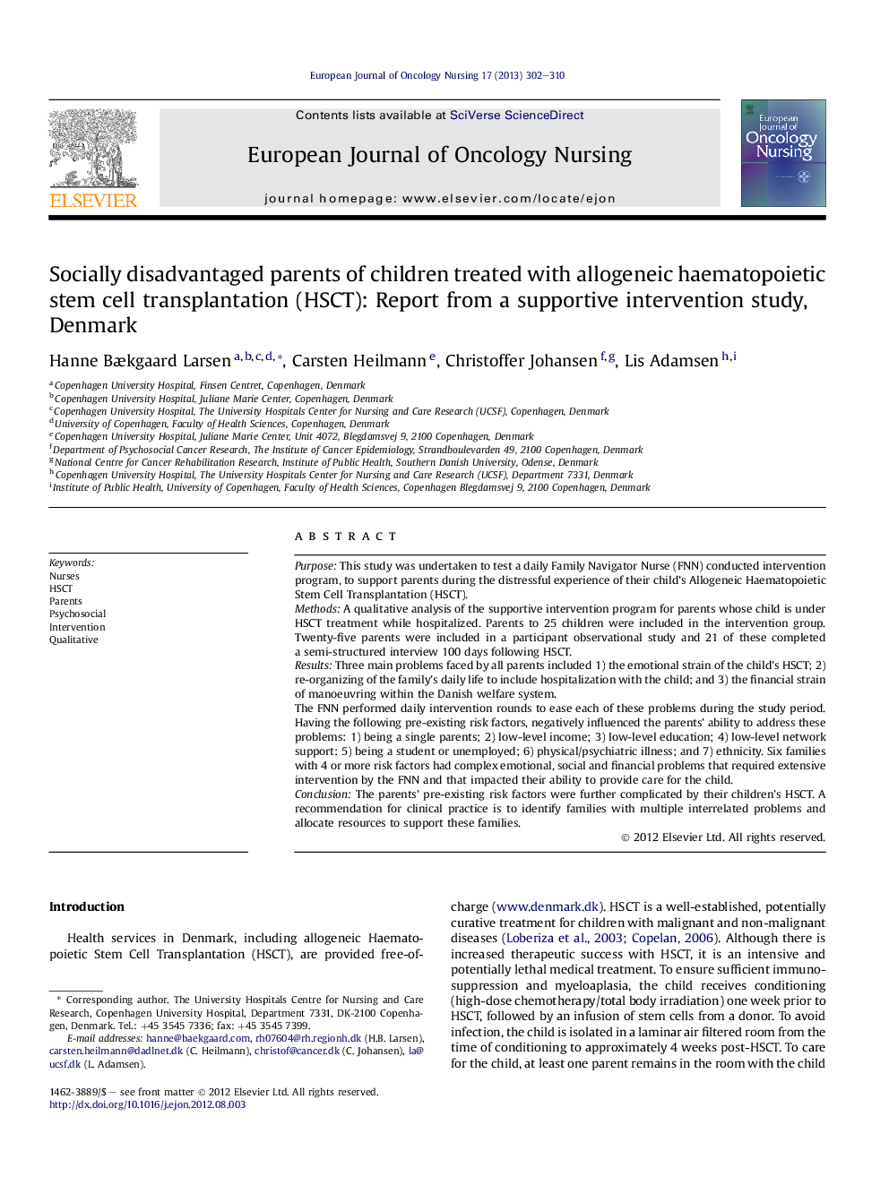 Socially disadvantaged parents of children treated with allogeneic haematopoietic stem cell transplantation (HSCT): Report from a supportive intervention study, Denmark