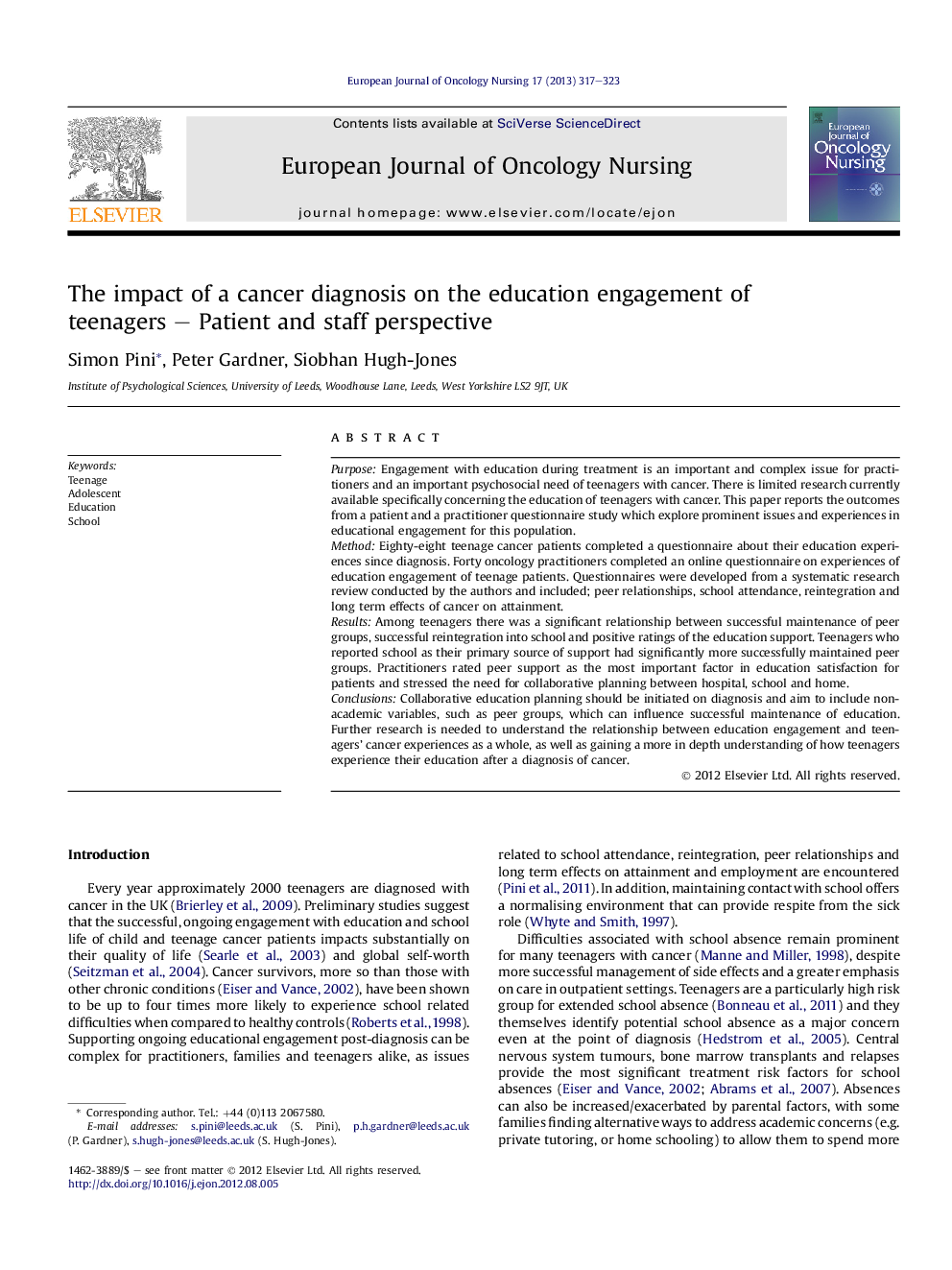 The impact of a cancer diagnosis on the education engagement of teenagers – Patient and staff perspective