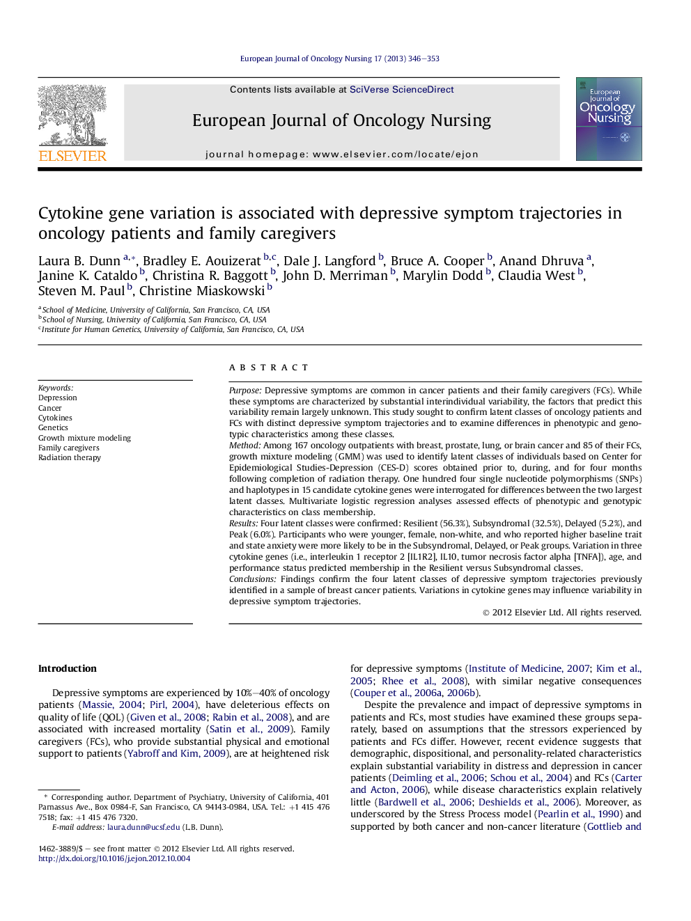 Cytokine gene variation is associated with depressive symptom trajectories in oncology patients and family caregivers