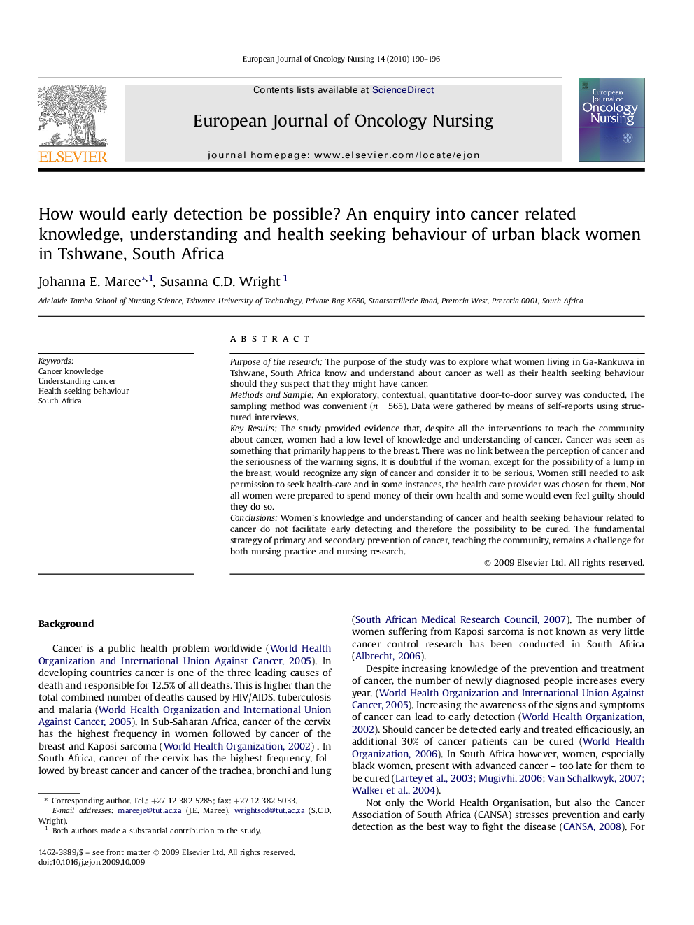 How would early detection be possible? An enquiry into cancer related knowledge, understanding and health seeking behaviour of urban black women in Tshwane, South Africa