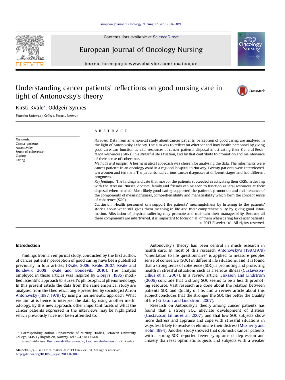 Understanding cancer patients' reflections on good nursing care in light of Antonovsky's theory