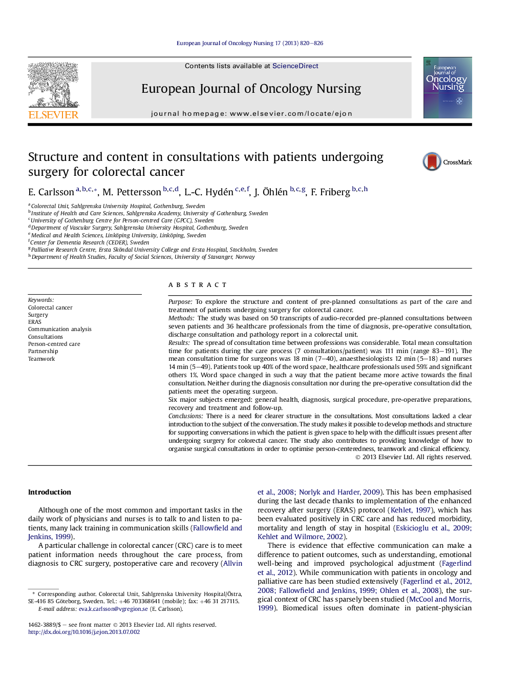 Structure and content in consultations with patients undergoing surgery for colorectal cancer