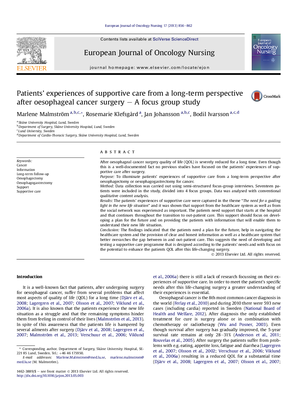 Patients' experiences of supportive care from a long-term perspective after oesophageal cancer surgery – A focus group study