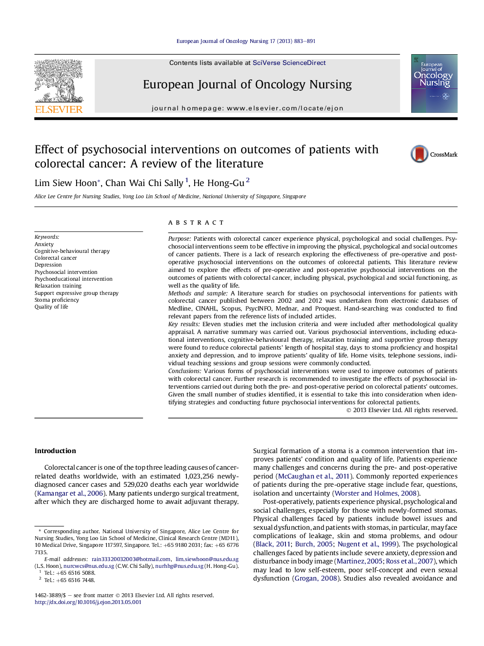 Effect of psychosocial interventions on outcomes of patients with colorectal cancer: A review of the literature