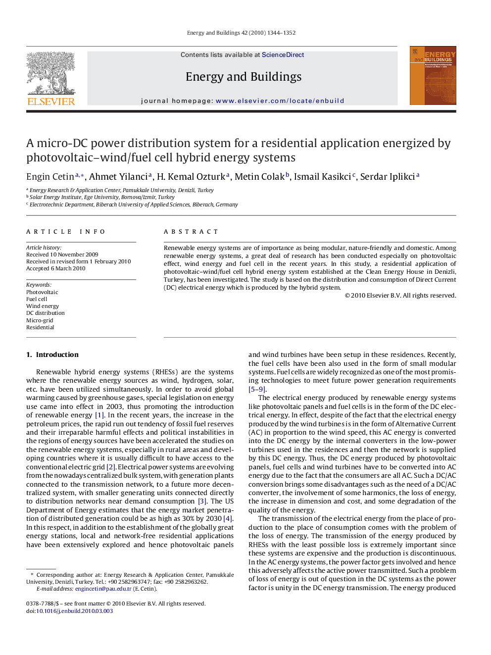 A micro-DC power distribution system for a residential application energized by photovoltaic–wind/fuel cell hybrid energy systems