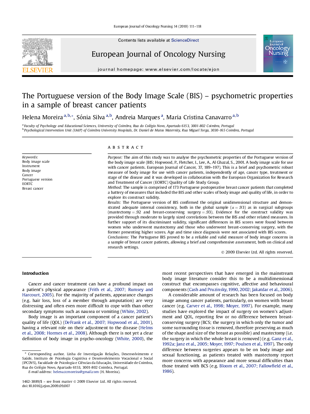 The Portuguese version of the Body Image Scale (BIS) – psychometric properties in a sample of breast cancer patients