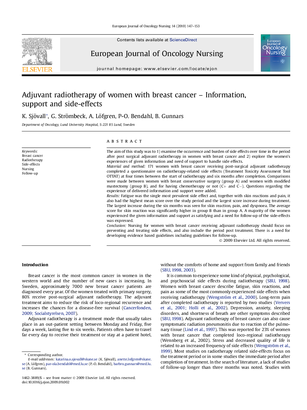 Adjuvant radiotherapy of women with breast cancer – Information, support and side-effects