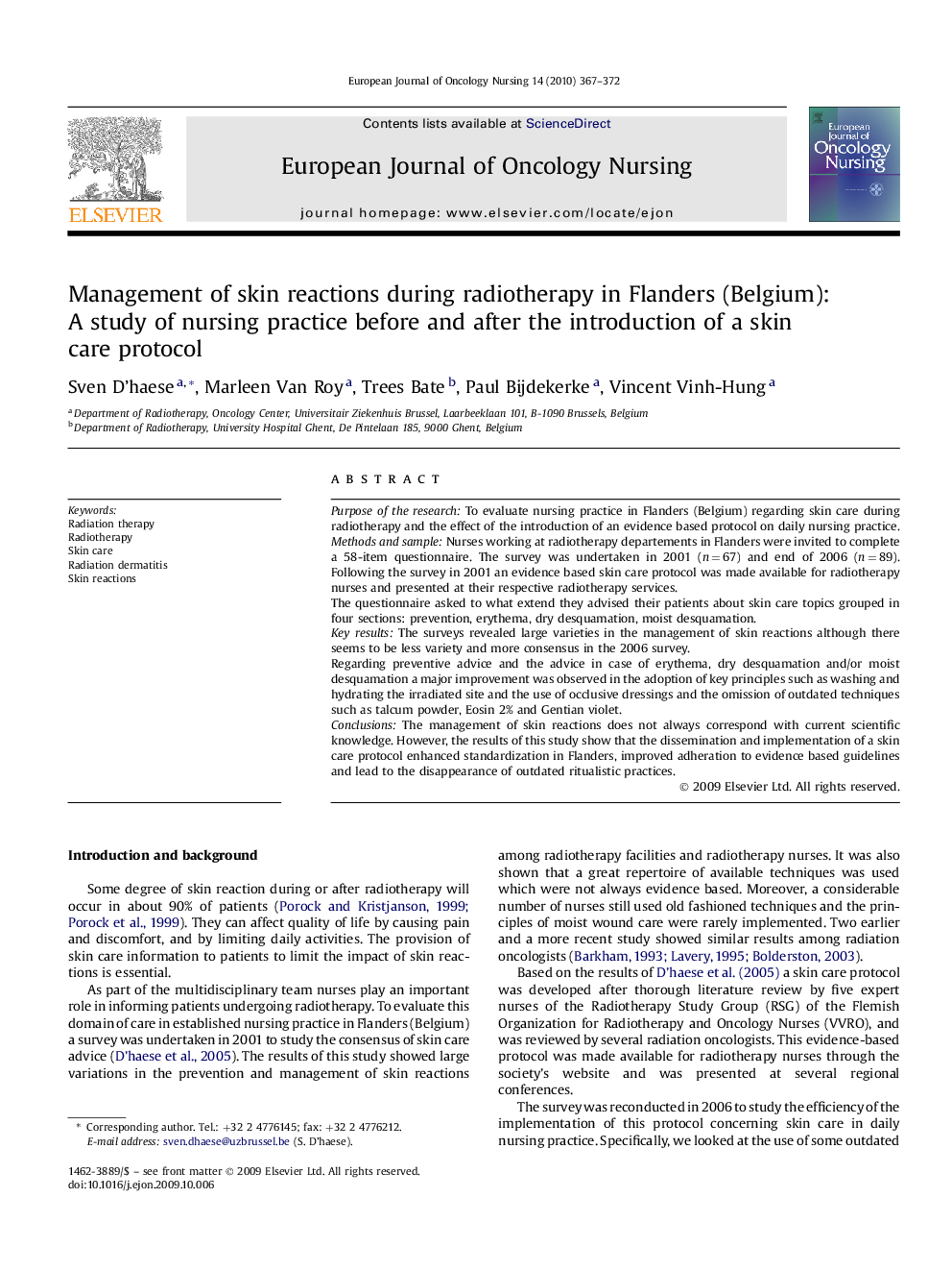 Management of skin reactions during radiotherapy in Flanders (Belgium): A study of nursing practice before and after the introduction of a skin care protocol