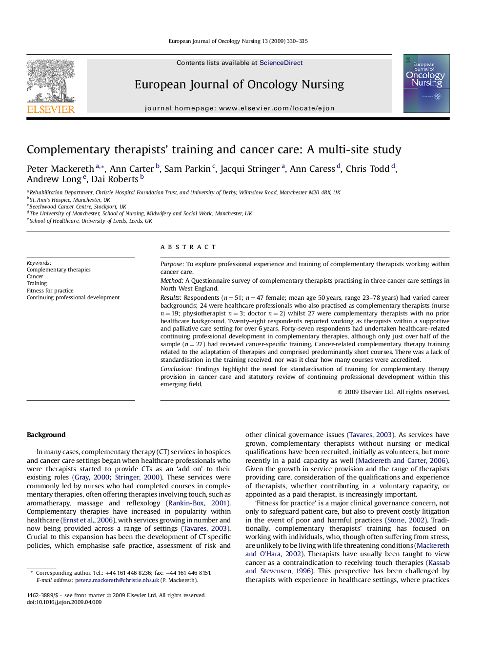 Complementary therapists’ training and cancer care: A multi-site study