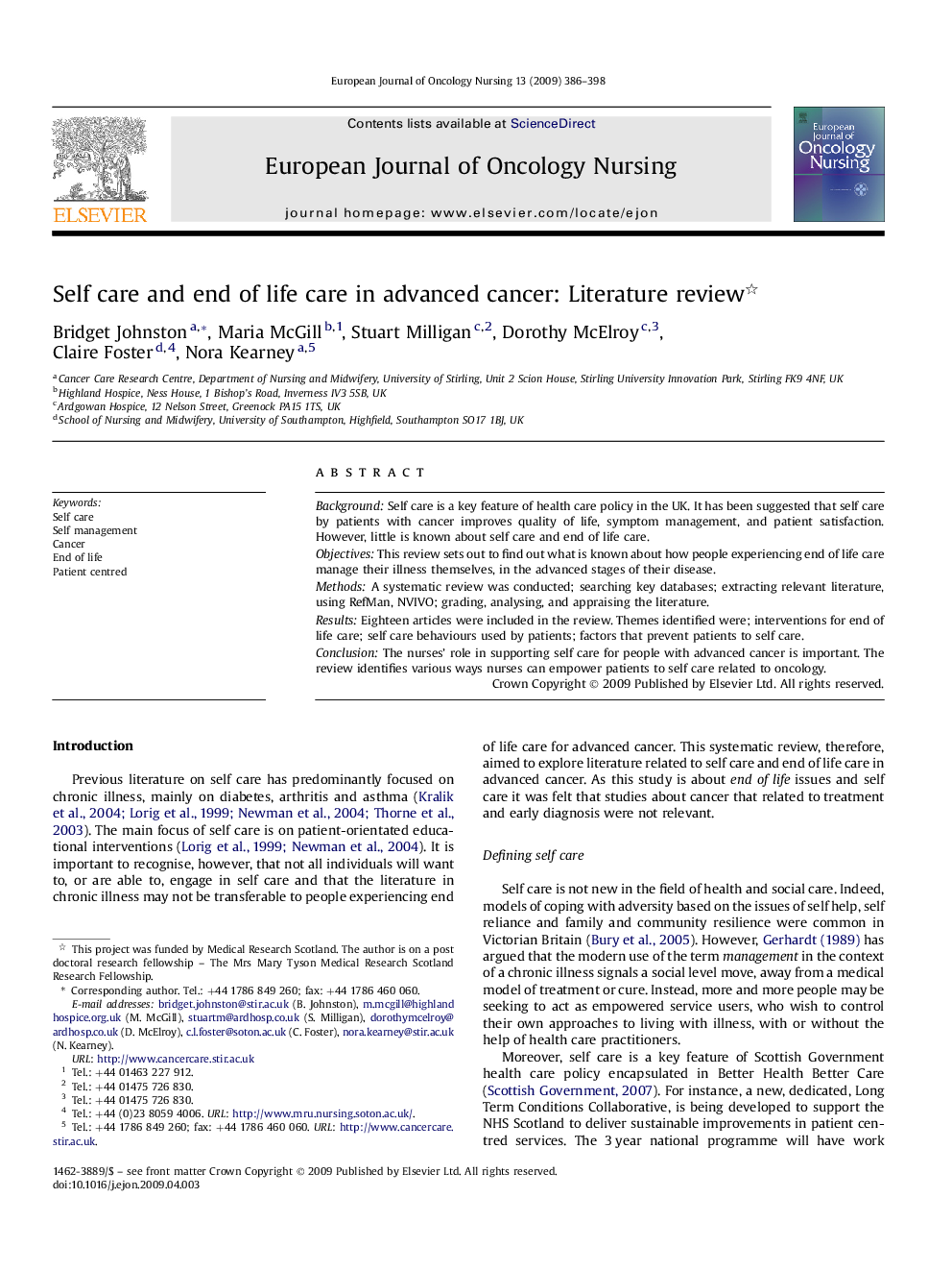 Self care and end of life care in advanced cancer: Literature review 