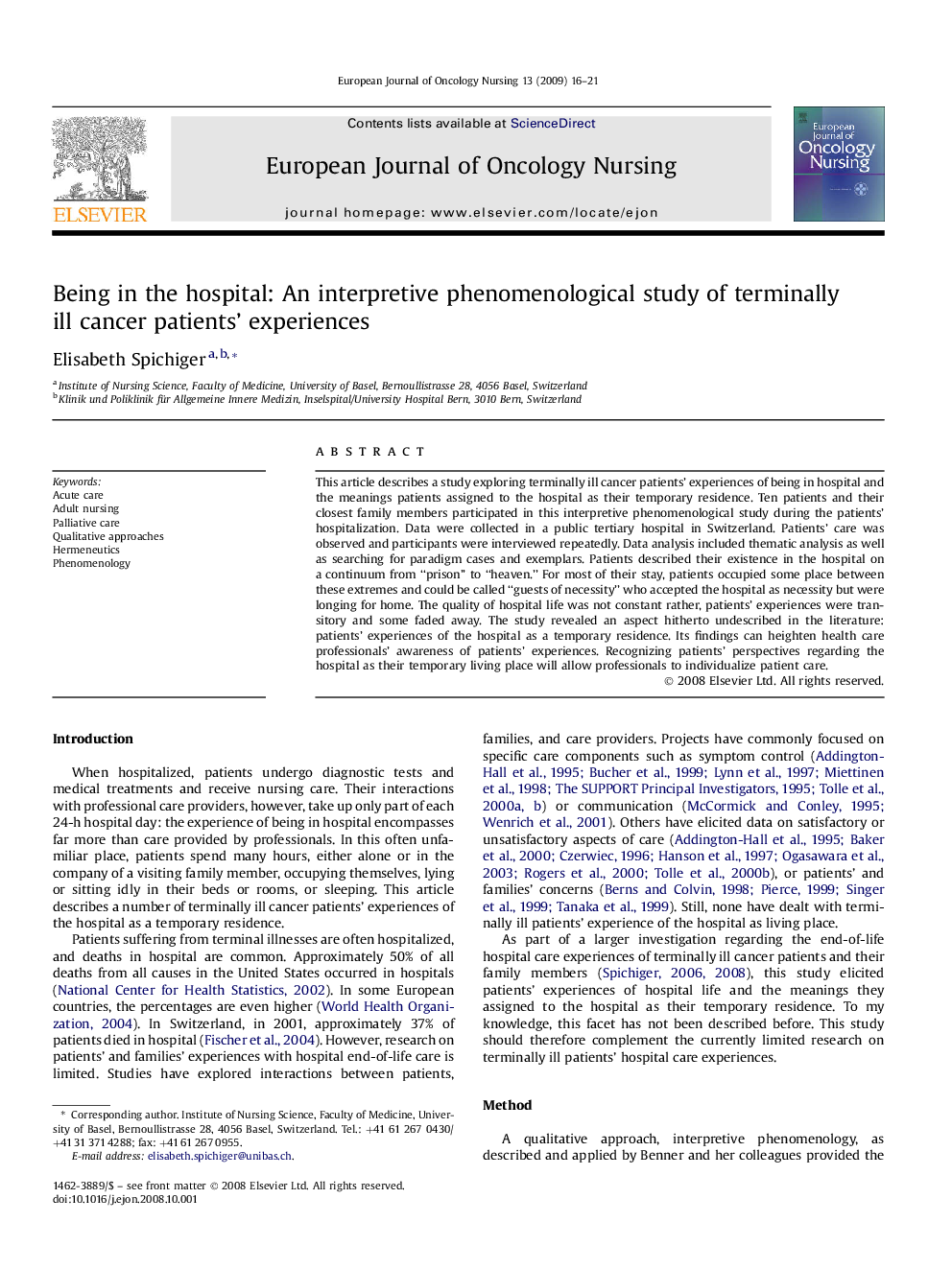 Being in the hospital: An interpretive phenomenological study of terminally ill cancer patients’ experiences