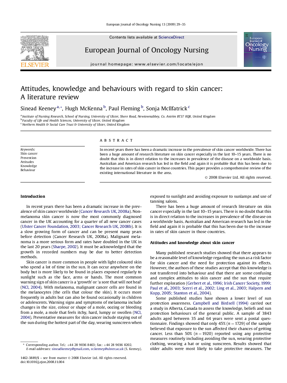 Attitudes, knowledge and behaviours with regard to skin cancer: A literature review