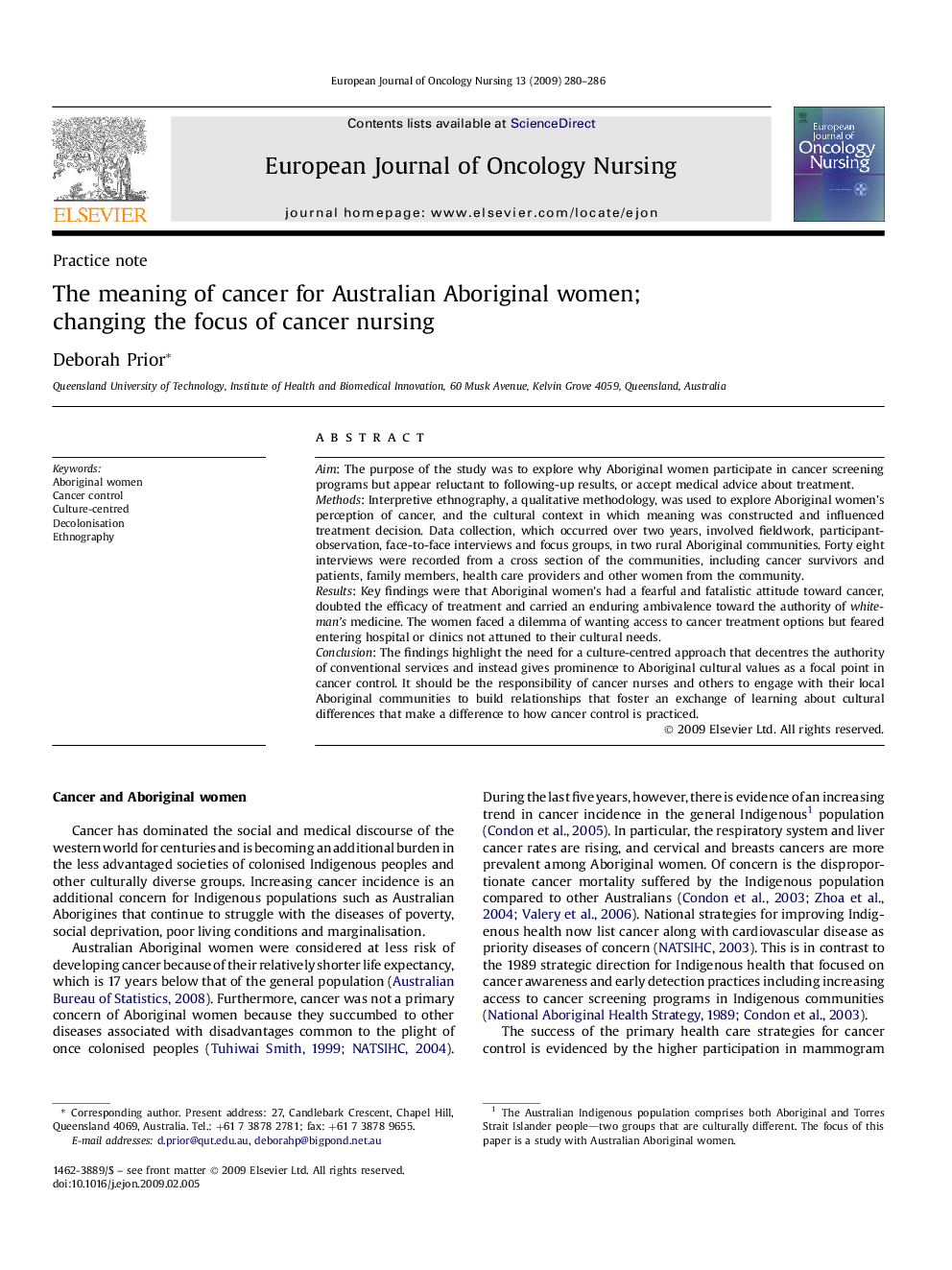 The meaning of cancer for Australian Aboriginal women; changing the focus of cancer nursing