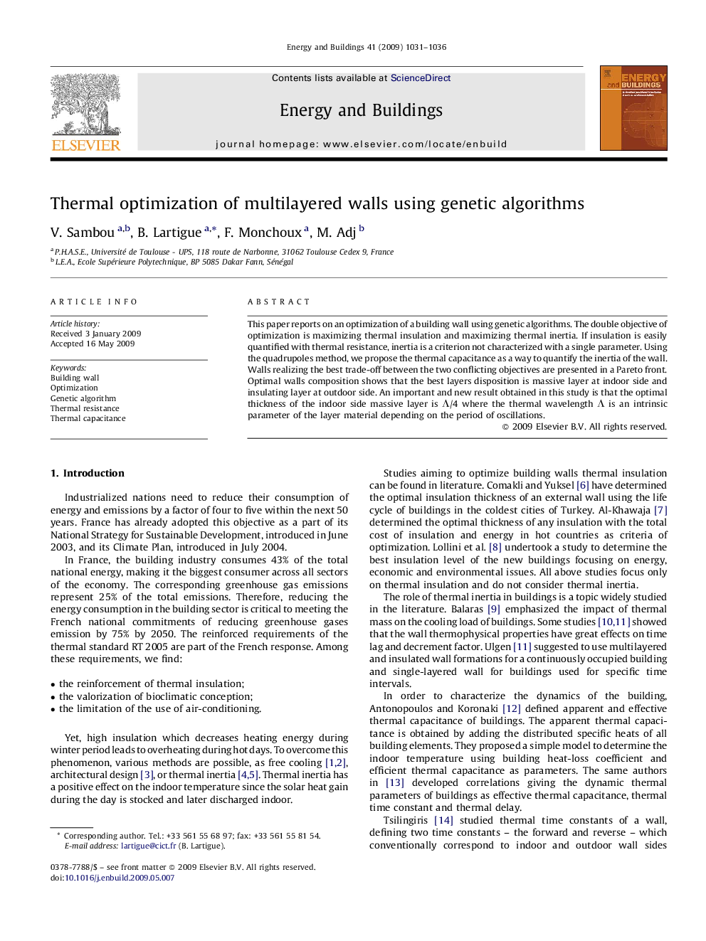 Thermal optimization of multilayered walls using genetic algorithms