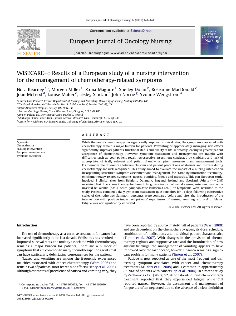 WISECARE+: Results of a European study of a nursing intervention for the management of chemotherapy-related symptoms